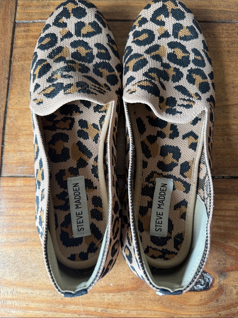 Steve Madden Leopard Knit Slip-On Flats in Tan and Black